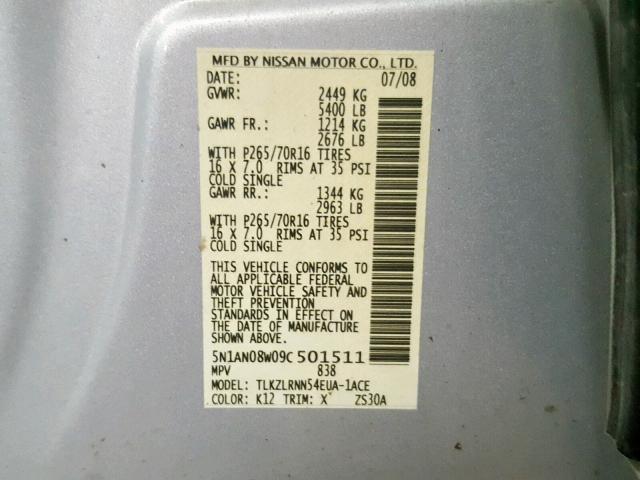 5N1AN08W09C501511 - 2009 NISSAN XTERRA OFF SILVER photo 10