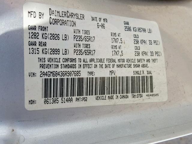 2A4GM68436R907685 - 2006 CHRYSLER PACIFICA T SILVER photo 10