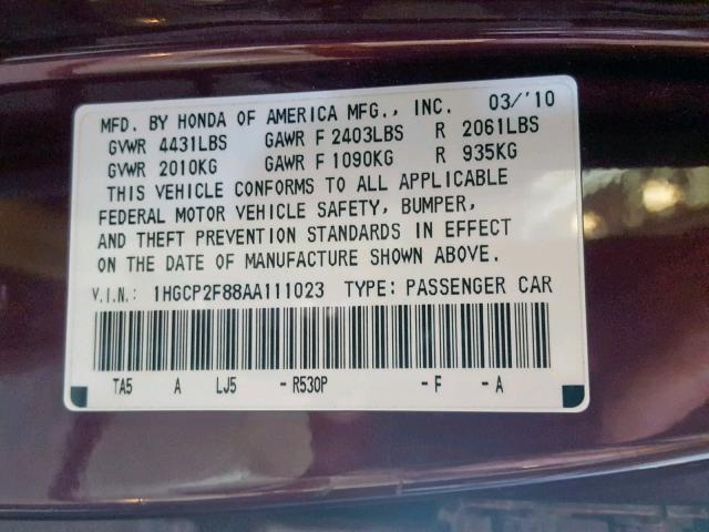 1HGCP2F88AA111023 - 2010 HONDA ACCORD EXL BURGUNDY photo 10