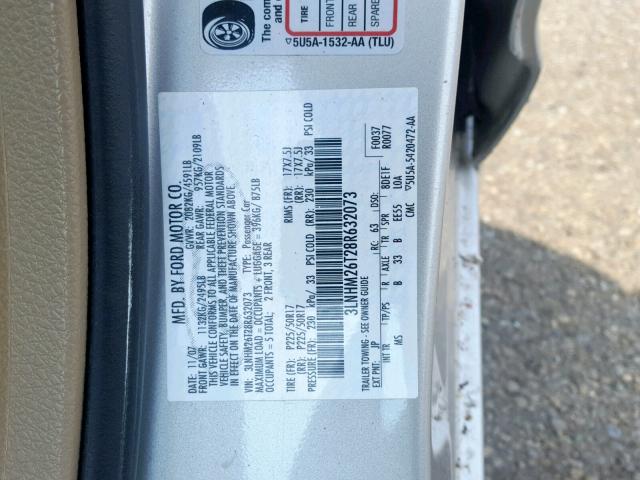 3LNHM26T28R632073 - 2008 LINCOLN MKZ SILVER photo 10