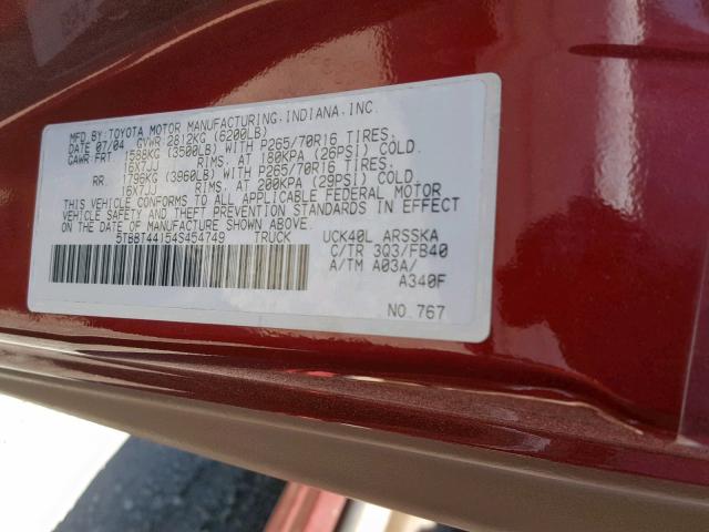 5TBBT44154S454749 - 2004 TOYOTA TUNDRA ACC BURGUNDY photo 10