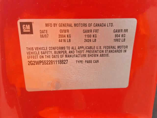 2G2WP552281118827 - 2008 PONTIAC GRAND PRIX RED photo 10