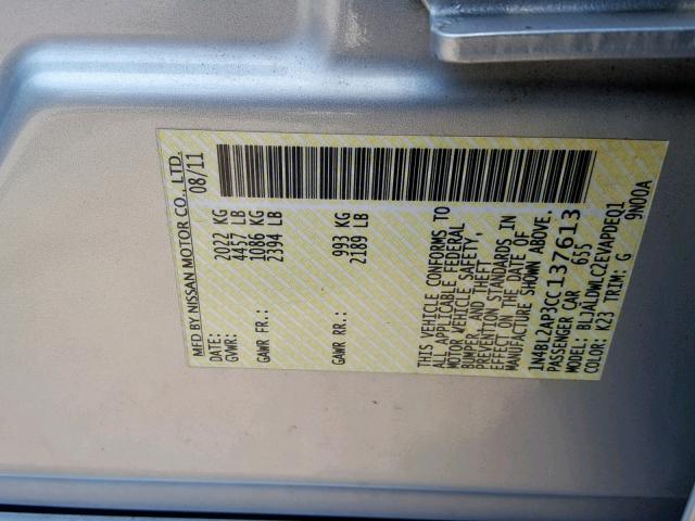 1N4BL2AP3CC137613 - 2012 NISSAN ALTIMA SR SILVER photo 10