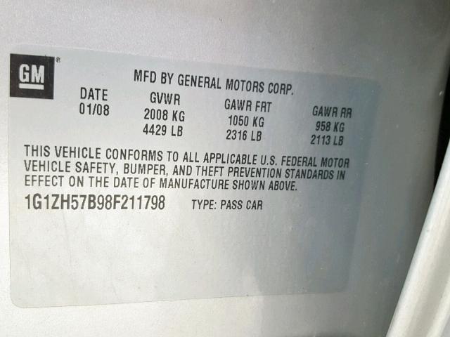 1G1ZH57B98F211798 - 2008 CHEVROLET MALIBU 1LT SILVER photo 10