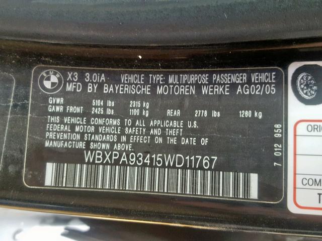 WBXPA93415WD11767 - 2005 BMW X3 3.0I BLACK photo 10