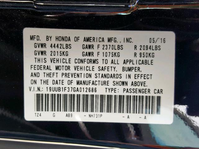 19UUB1F37GA012686 - 2016 ACURA TLX BLACK photo 10