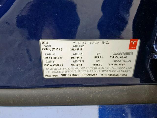 5YJSA1E10HF204257 - 2017 TESLA MODEL S أزرق صورة 10