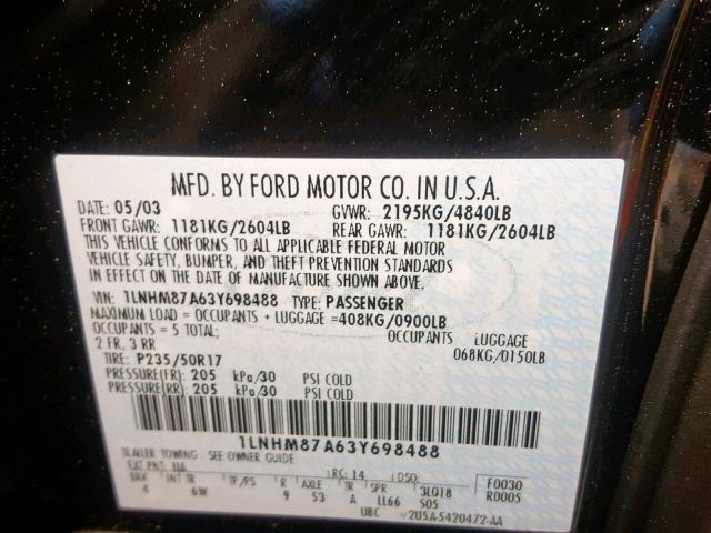 1LNHM87A63Y698488 - 2003 LINCOLN LS BLACK photo 10