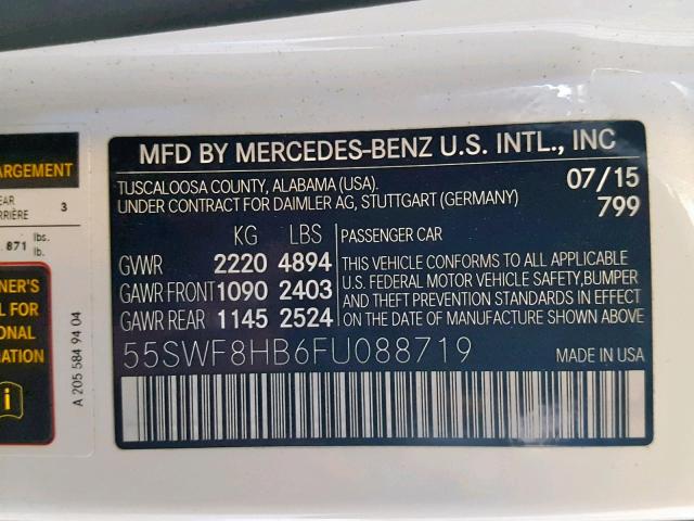 55SWF8HB6FU088719 - 2015 MERCEDES-BENZ C 63 AMG-S WHITE photo 10