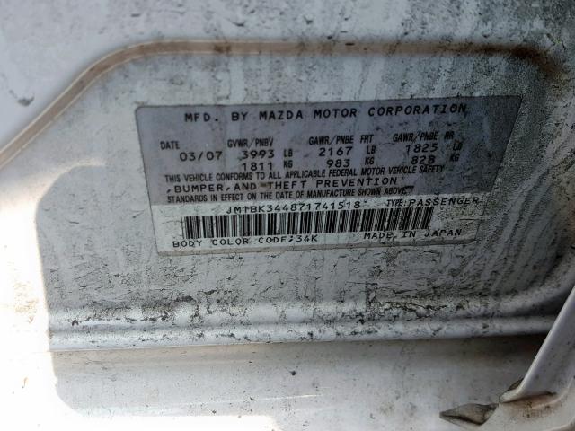 JM1BK344871741518 - 2007 MAZDA 3 HATCHBAC WHITE photo 10