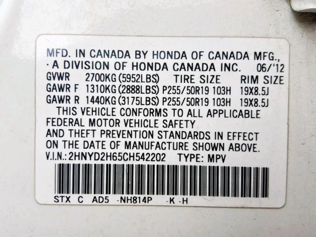 2HNYD2H65CH542202 - 2012 ACURA MDX ADVANC WHITE photo 10