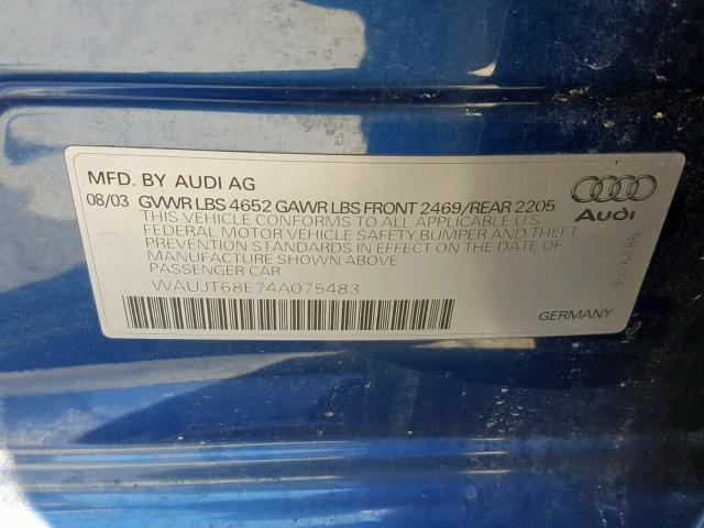 WAUJT68E74A075483 - 2004 AUDI A4 3.0 BLUE photo 10