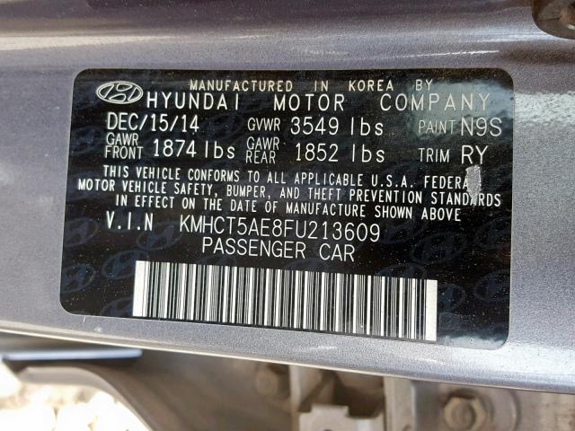 KMHCT5AE8FU213609 - 2015 HYUNDAI ACCENT GS GRAY photo 10