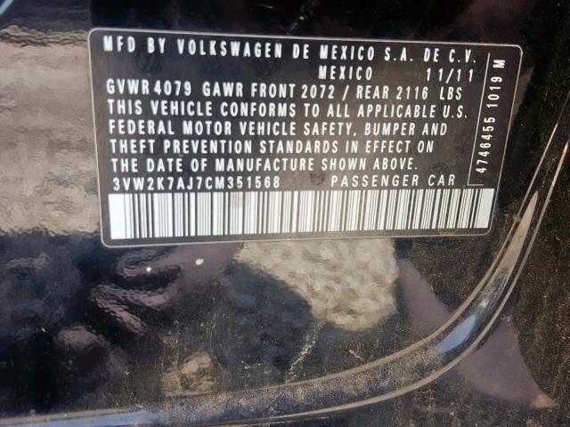 3VW2K7AJ7CM351568 - 2012 VOLKSWAGEN JETTA BASE 黑色 照片 10