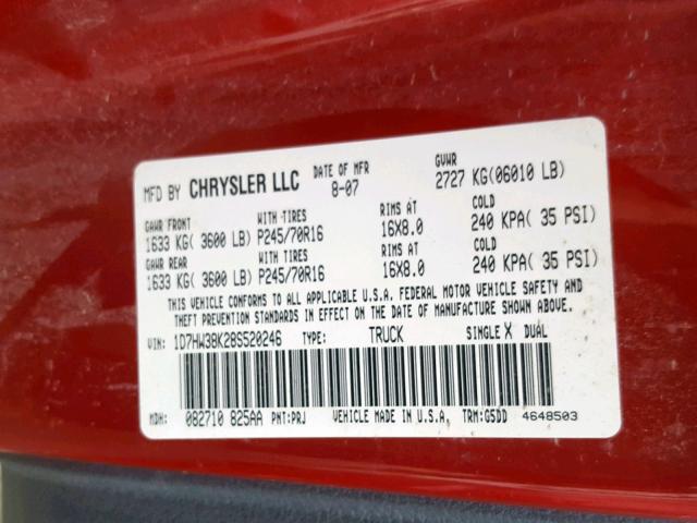 1D7HW38K28S520246 - 2008 DODGE DAKOTA SXT RED photo 10