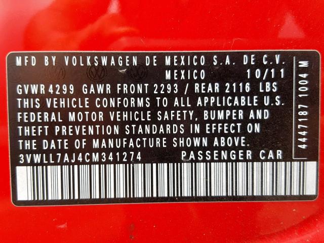 3VWLL7AJ4CM341274 - 2012 VOLKSWAGEN JETTA TDI RED photo 10