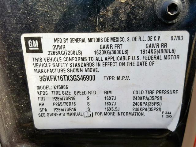 3GKFK16TX3G346900 - 2003 GMC YUKON XL K GRAY photo 10