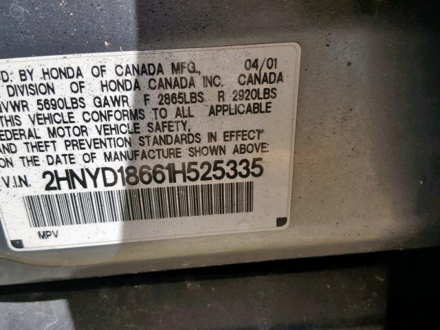 2HNYD18661H525335 - 2001 ACURA MDX TOURIN GRAY photo 10