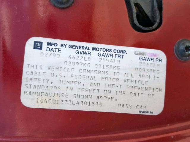 1G6CD1332L4301530 - 1990 CADILLAC DEVILLE RED photo 10