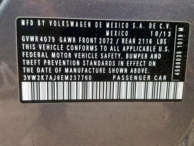 3VW2K7AJ6EM237760 - 2014 VOLKSWAGEN JETTA BASE GRAY photo 10
