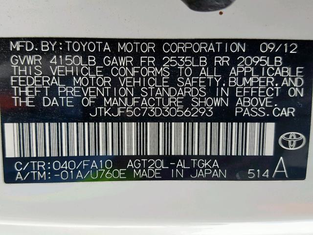 JTKJF5C73D3056293 - 2013 TOYOTA SCION TC WHITE photo 10