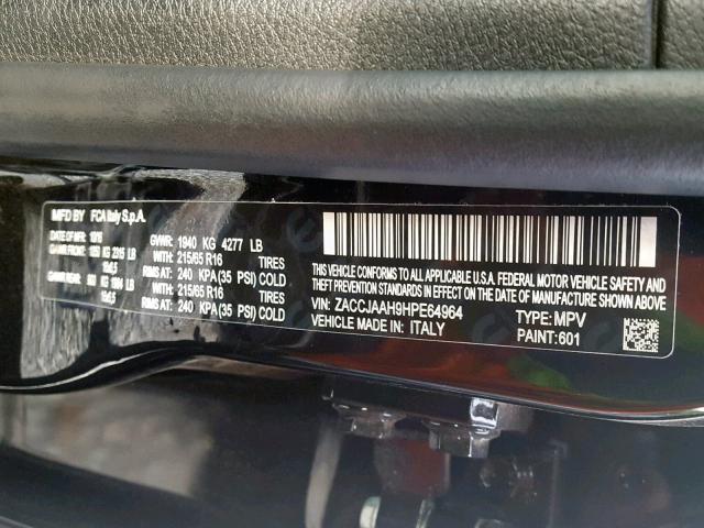 ZACCJAAH9HPE64964 - 2017 JEEP RENEGADE S შავი ფოტო 10