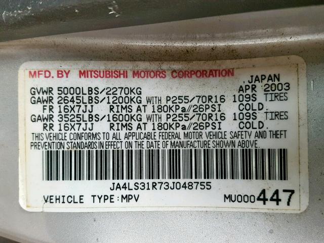 JA4LS31R73J048755 - 2003 MITSUBISHI MONTERO SP SILVER photo 10