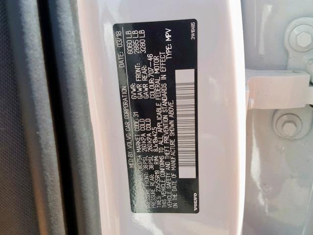 YV4A22PK9J1383754 - 2018 VOLVO XC90 T6 WHITE photo 10