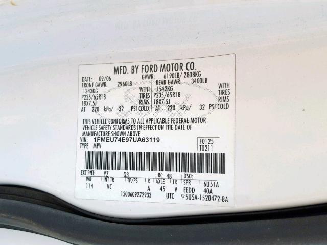 1FMEU74E97UA63119 - 2007 FORD EXPLORER E WHITE photo 10