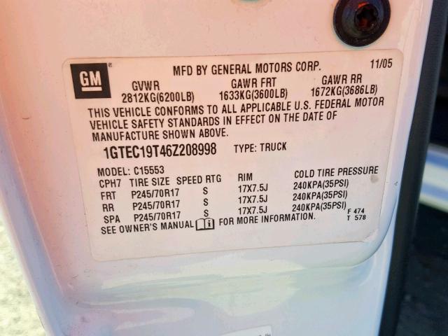 1GTEC19T46Z208998 - 2006 GMC NEW SIERRA WHITE photo 10