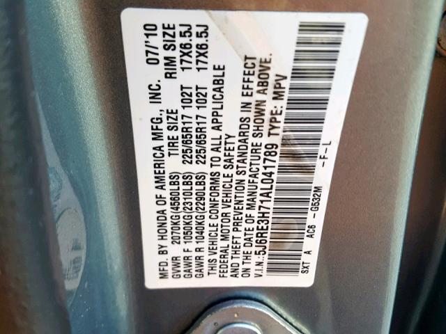 5J6RE3H71AL041789 - 2010 HONDA CR-V EXL GRAY photo 10