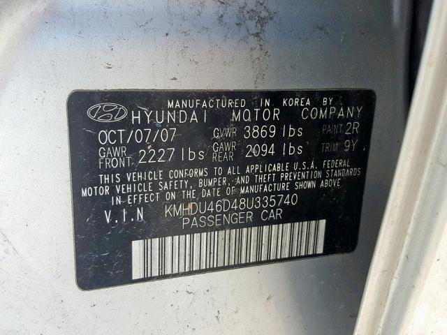 KMHDU46D48U335740 - 2008 HYUNDAI ELANTRA GL SILVER photo 10