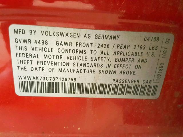 WVWAK73C78P126758 - 2008 VOLKSWAGEN PASSAT KOM RED photo 10