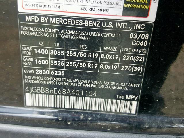 4JGBB86E68A401154 - 2008 MERCEDES-BENZ ML 350 BLACK photo 10