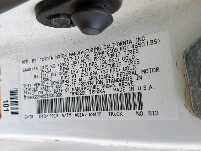 5TENX22NX9Z635908 - 2009 TOYOTA TACOMA WHITE photo 10