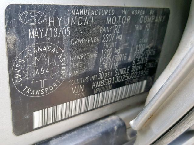 KM8SB13D25U022956 - 2005 HYUNDAI SANTA FE SILVER photo 10