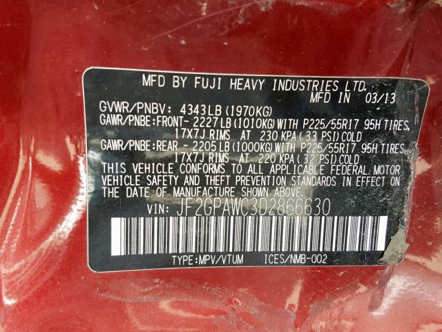 JF2GPAWC3D2866630 - 2013 SUBARU XV CROSSTR RED photo 10