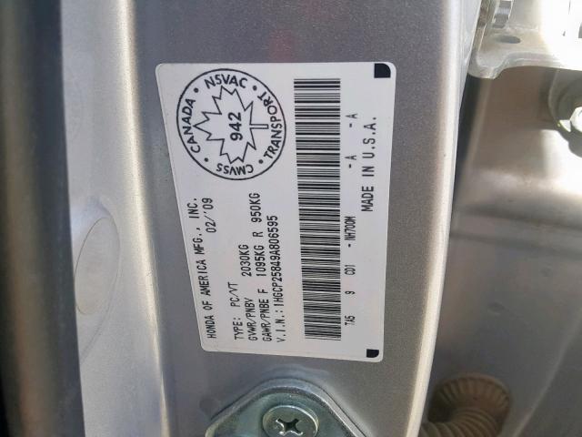 1HGCP25849A806595 - 2009 HONDA ACCORD EXL SILVER photo 10