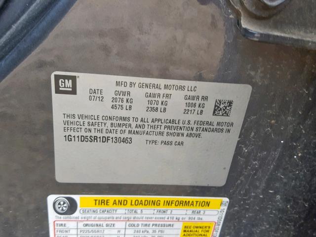 1G11D5SR1DF130463 - 2013 CHEVROLET MALIBU 1LT 石墨色 照片 10