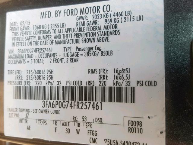 3FA6P0G74FR257461 - 2015 FORD FUSION S GRAY photo 10