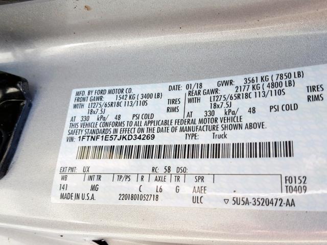 1FTNF1E57JKD34269 - 2018 FORD F150 SILVER photo 10