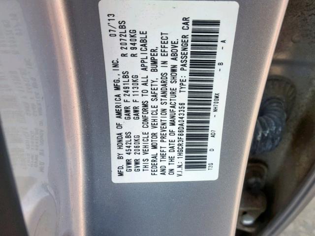 1HGCR3F86DA043356 - 2013 HONDA ACCORD EXL SILVER photo 10