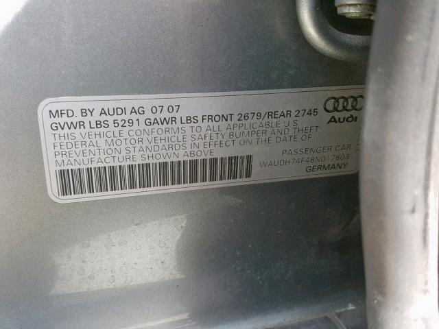 WAUDH74F48N017803 - 2008 AUDI A6 3.2 QUA SILVER photo 10