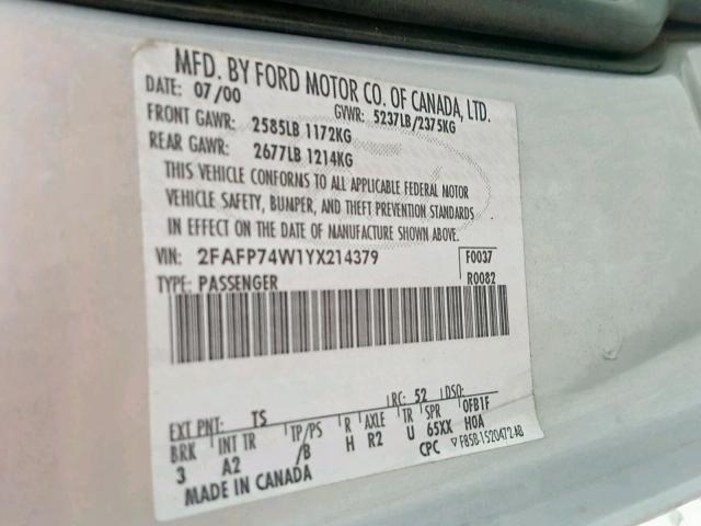 2FAFP74W1YX214379 - 2000 FORD CROWN VICT SILVER photo 10