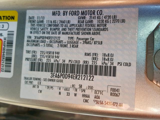 3FA6P0D94ER212122 - 2014 FORD FUSION TIT SILVER photo 10