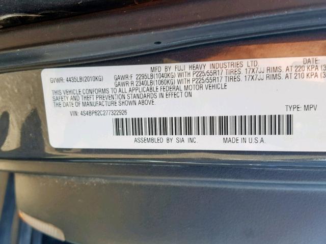 4S4BP62C277322926 - 2007 SUBARU OUTBACK OU GRAY photo 10