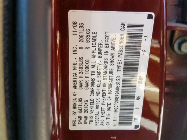 1HGCP26879A063123 - 2009 HONDA ACCORD EXL BURGUNDY photo 10