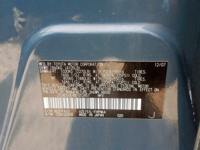 JTLKE50E481052857 - 2008 TOYOTA SCION TEAL photo 10