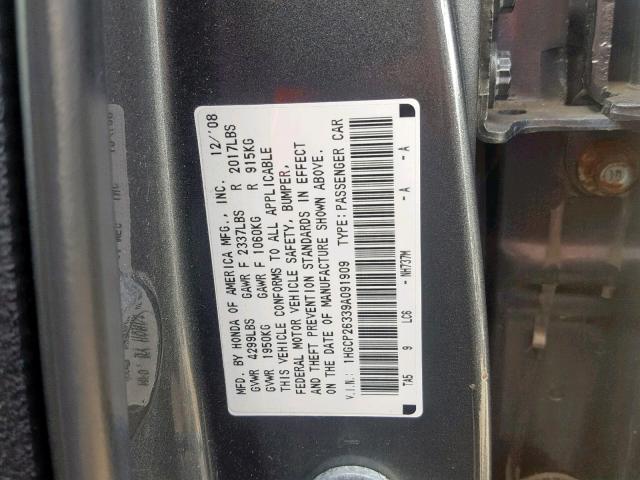 1HGCP26339A091909 - 2009 HONDA ACCORD LX GRAY photo 10