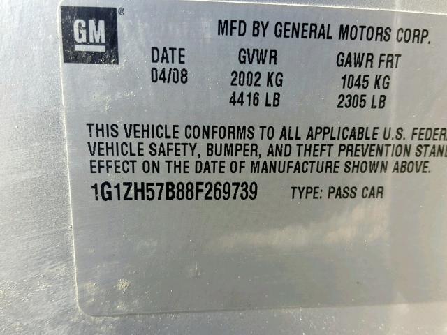 1G1ZH57B88F269739 - 2008 CHEVROLET MALIBU 1LT ვერცხლისფერი ფოტო 10